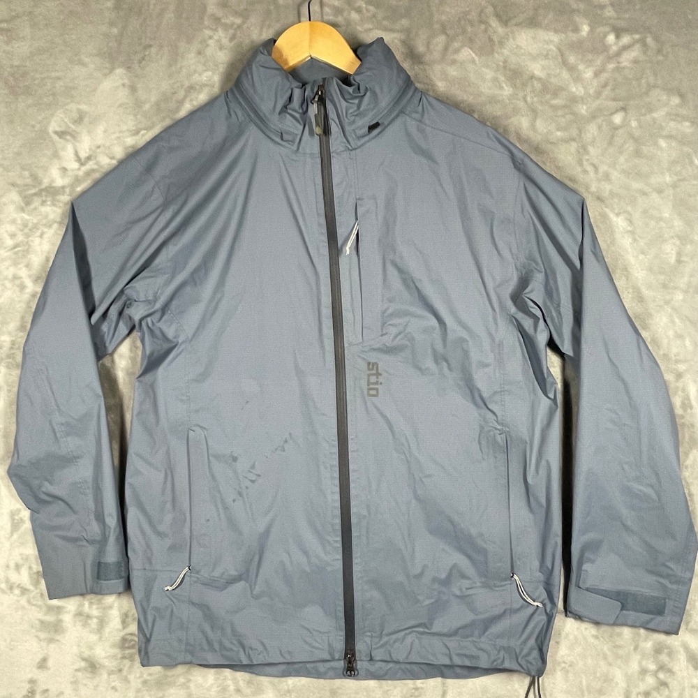 Stio Mens Pertex Shield Rain Jacket Blue Gray Stowable Hood Ripstop Shell Medium